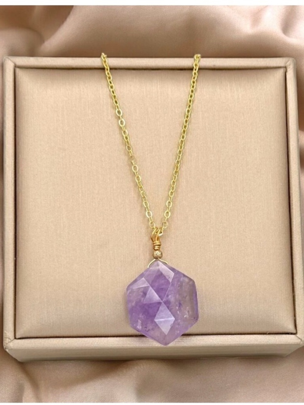 NWT Natural Rose Quartz Pendant Necklace 14K Gold Plated Hexagon 18”